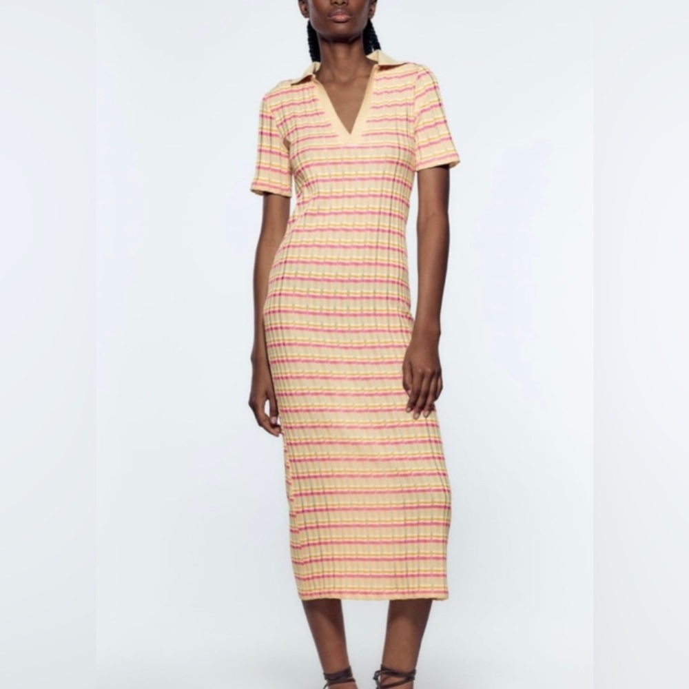 Zara Striped Orange/Pink/Nude Cream/White Polo Midi Dress